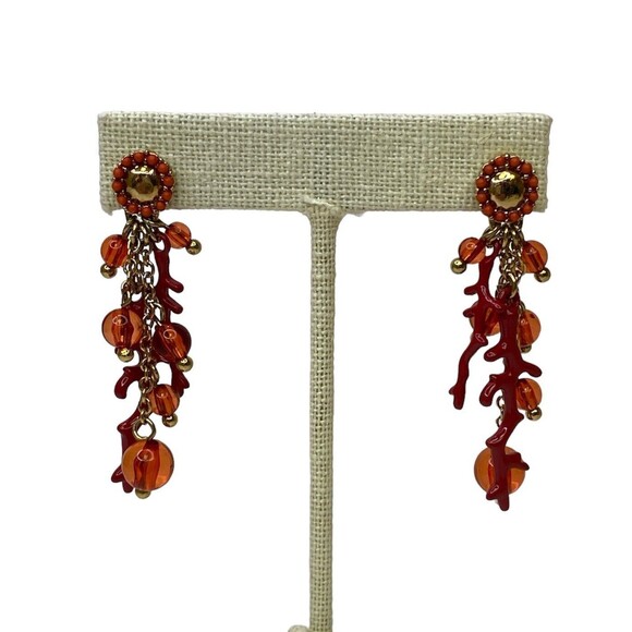 Joan Rivers Enamel Faux Coral Branch Beaded Dangle Post Earrings Red - Picture 6 of 7